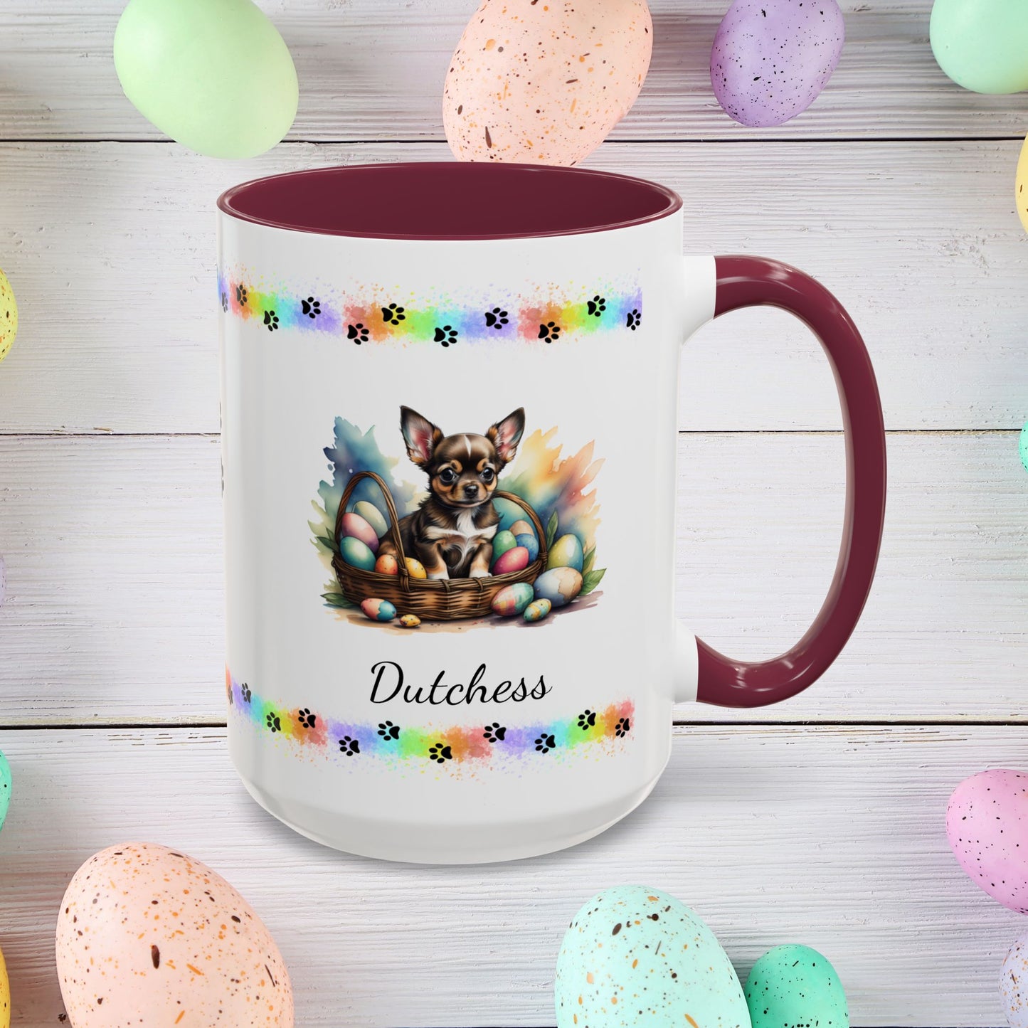 Chihuahua (Black Tri): Personalized Easter Puppy Coffee Mug - Adorable Dog Design, Mental Health Gift, 11oz & 15oz, 12 Color Choices, Easter Gifts & Décor