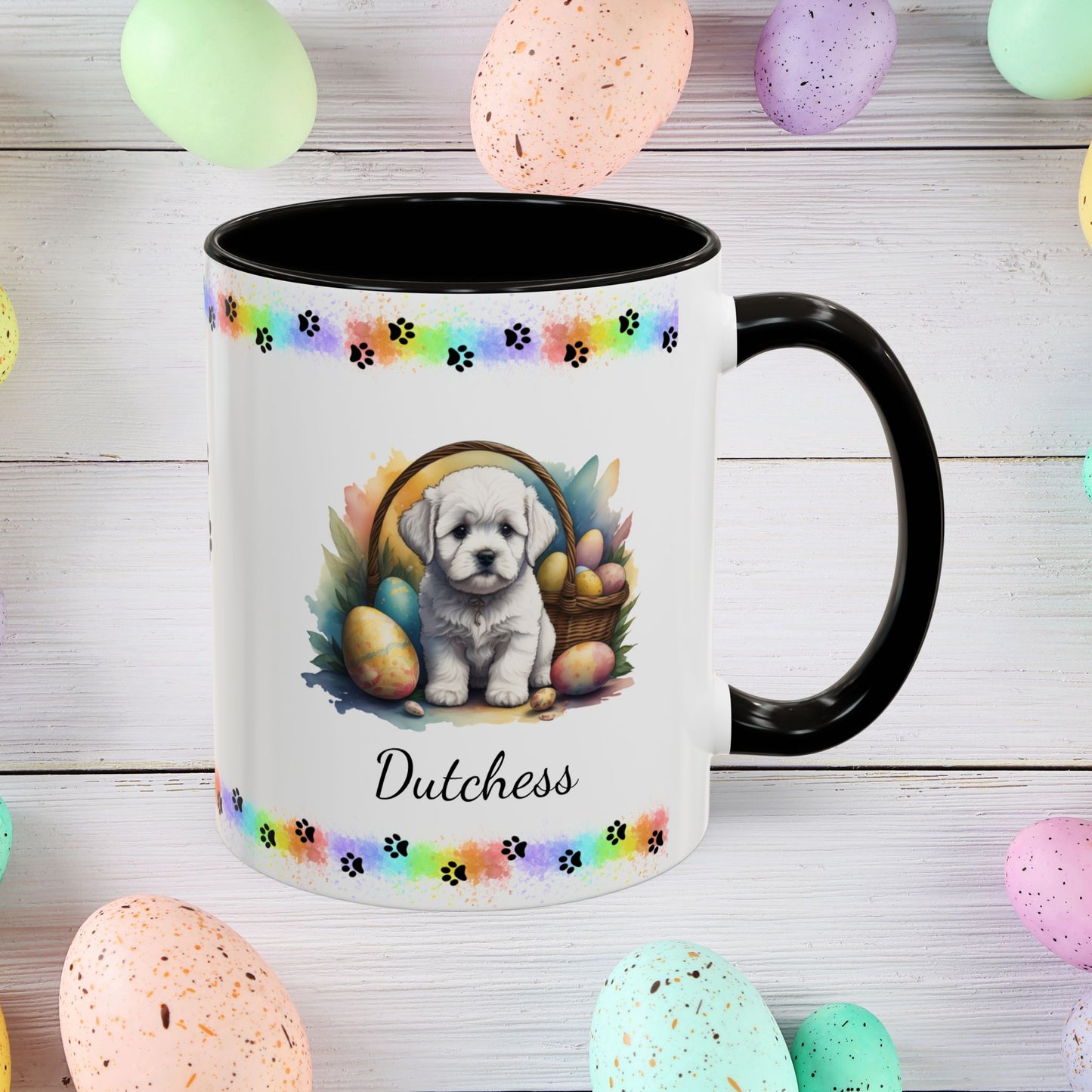 Bichon Frise personalized Easter puppy mug, cute dog coffee cup gift for mental health awareness and comfort