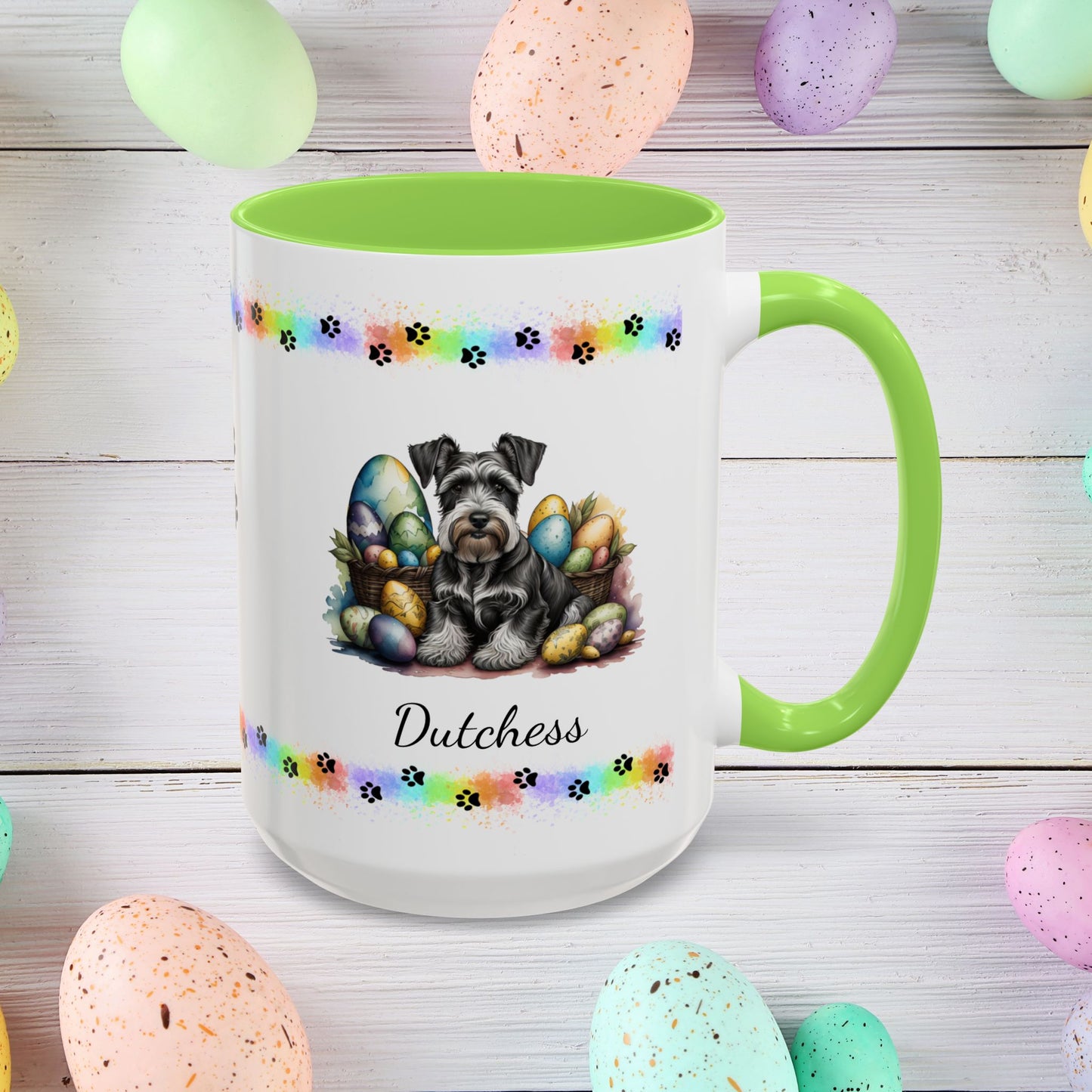Gray Schnauzer Easter puppy coffee mug personalized for dog moms and dads, perfect for mental health awareness gifts.