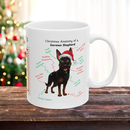Shop our bi color german shepherd christmas anatomy mug featuring the 15oz style option from MySisterIsASurvivor.