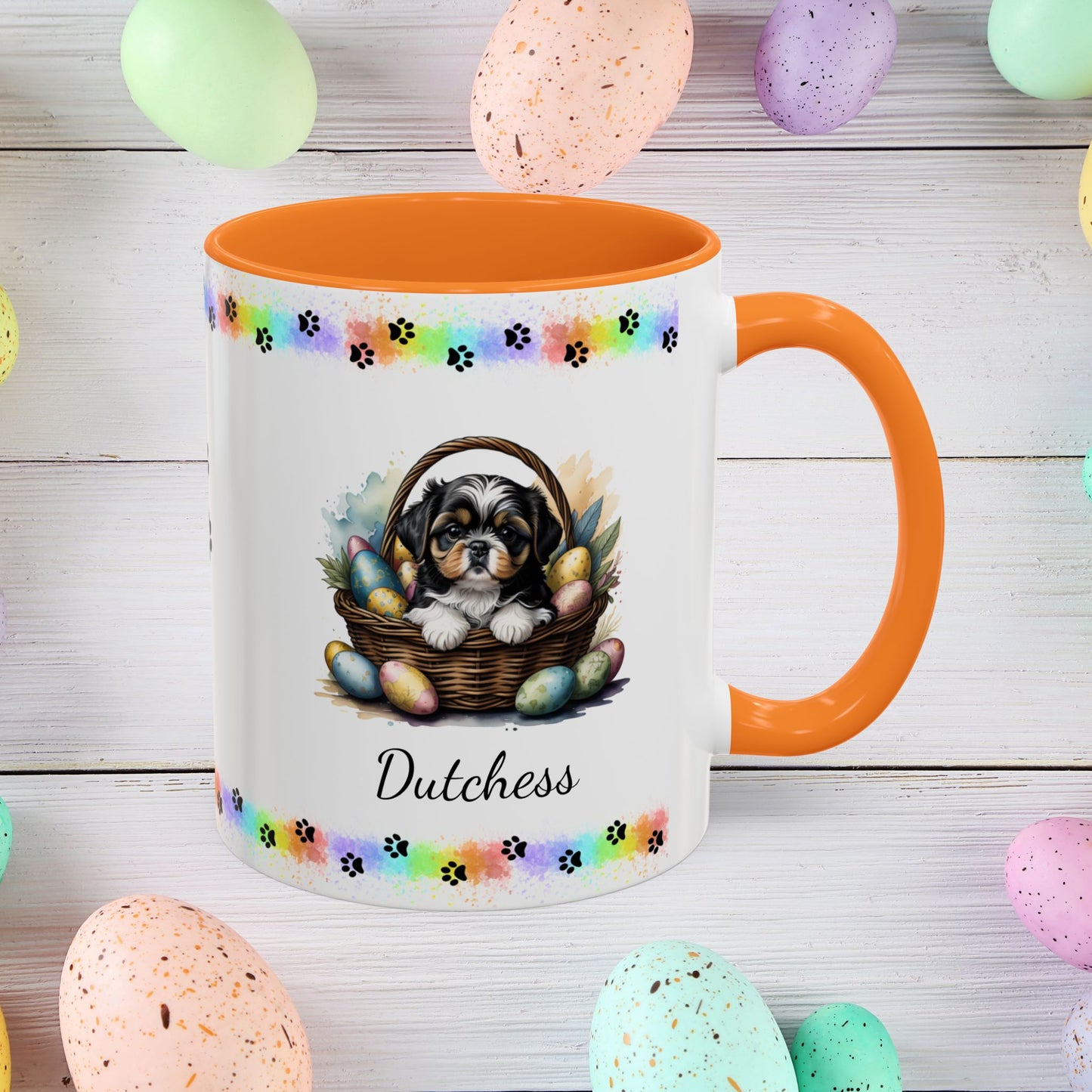 Tricolor Shih Tzu Easter puppy coffee mug personalized dog design, perfect for pet lovers and mental health awareness.