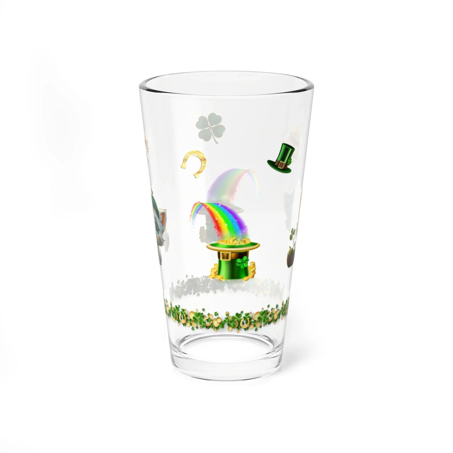 Shop our premium clover comfort cat st patricks day pint glass 16oz from MySisterIsASurvivor.