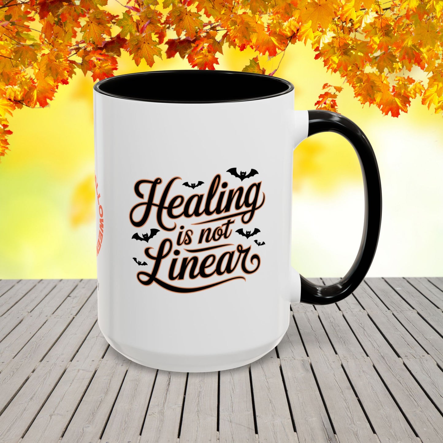 Personalized Halloween self-care mug with “Healing Is Not Linear” quote, mental health awareness gift with custom name.