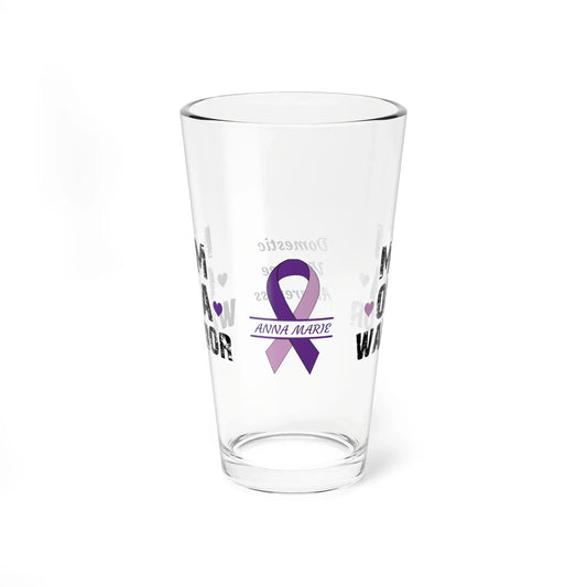 Shop our premium mom of a warrior domestic violence awareness pint glass 16oz from MySisterIsASurvivor.