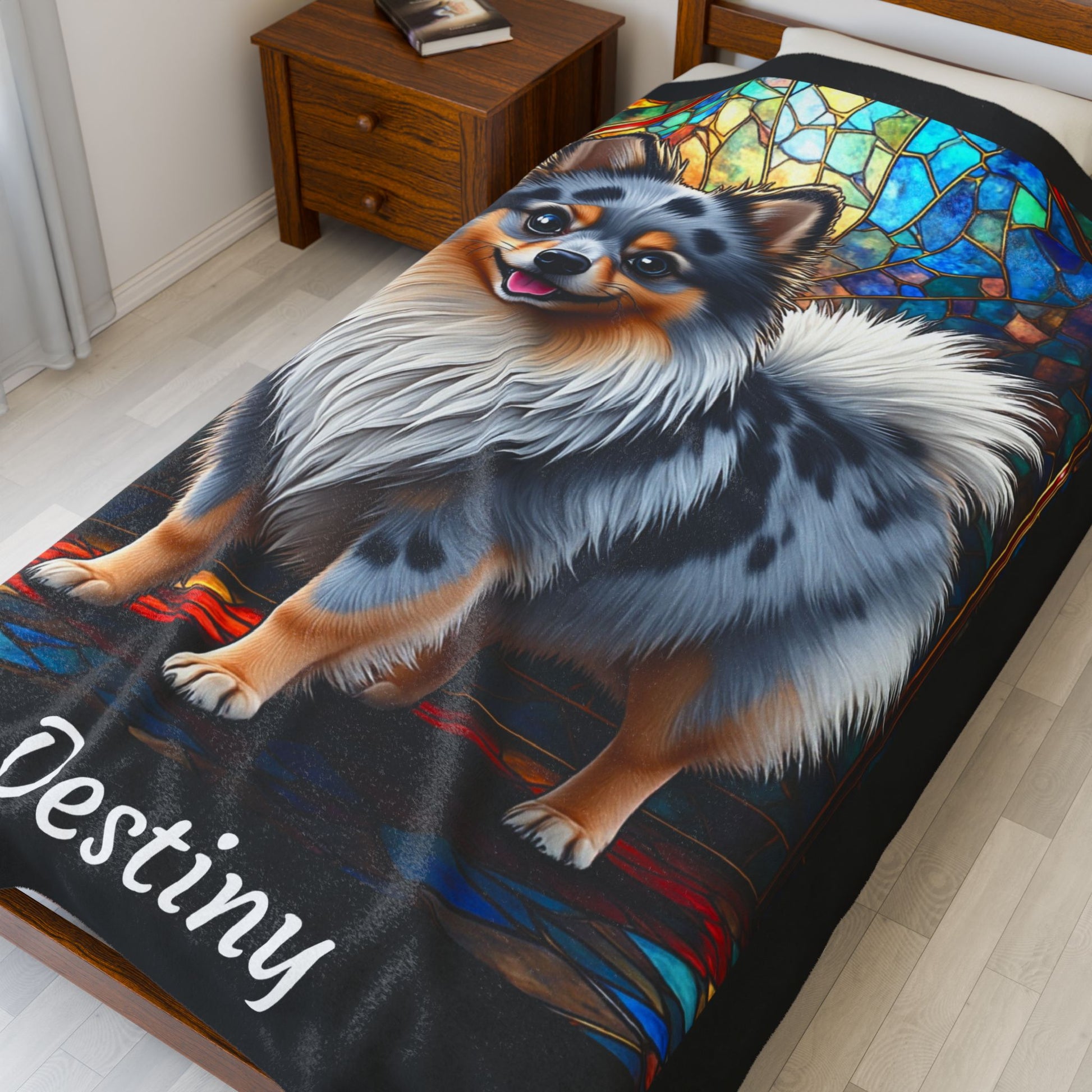 Pomeranian Blue Merle Coat Blanket, Velveteen Plush Stained Glass Dog Throw, Unique Pet Lover Gift