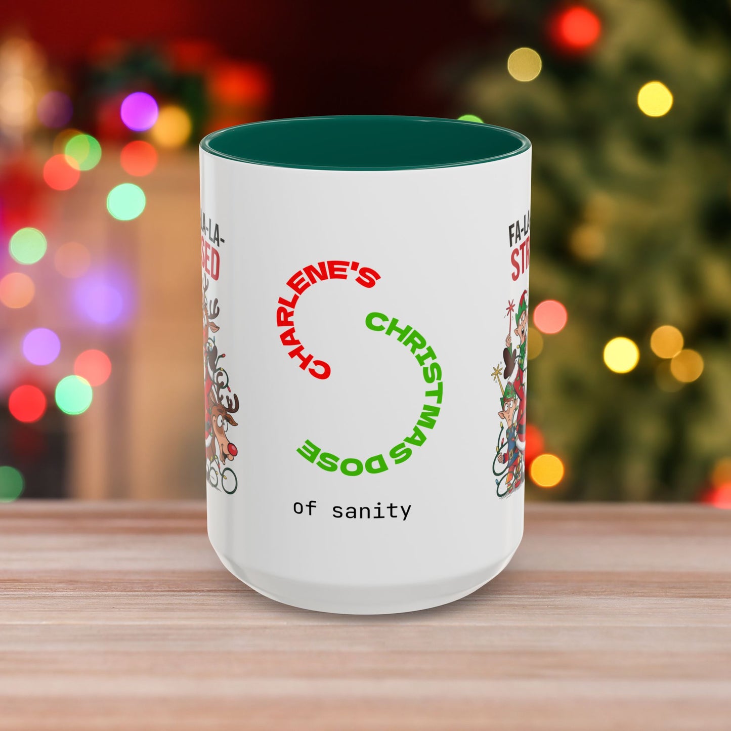 Fa-la-la-la-la Stressed – Humorous Christmas Mug with Colorful Design and Accent Color