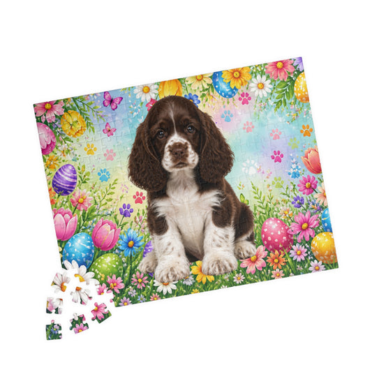 American Cocker Spaniel (Liver & White) Easter Puppy Puzzle - Spring Garden with Eggs, Tulips, and Daisies