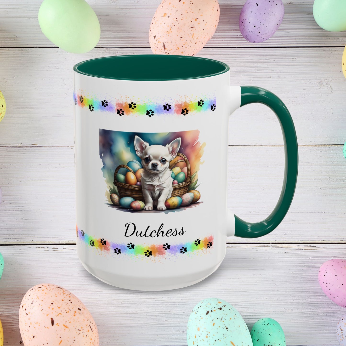 Chihuahua White personalized Easter puppy mug, cute dog coffee cup, mental health awareness gift for dog lovers