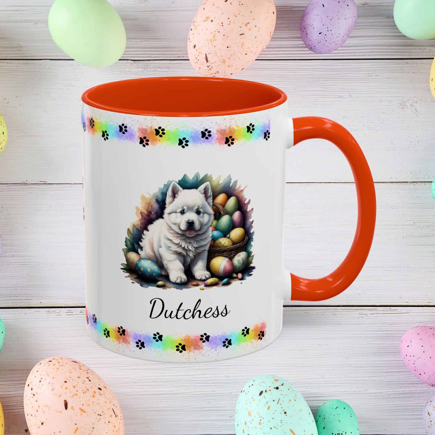 Samoyed Easter puppy coffee mug personalized dog design, cozy mental health gift for spring and daily mindfulness.
