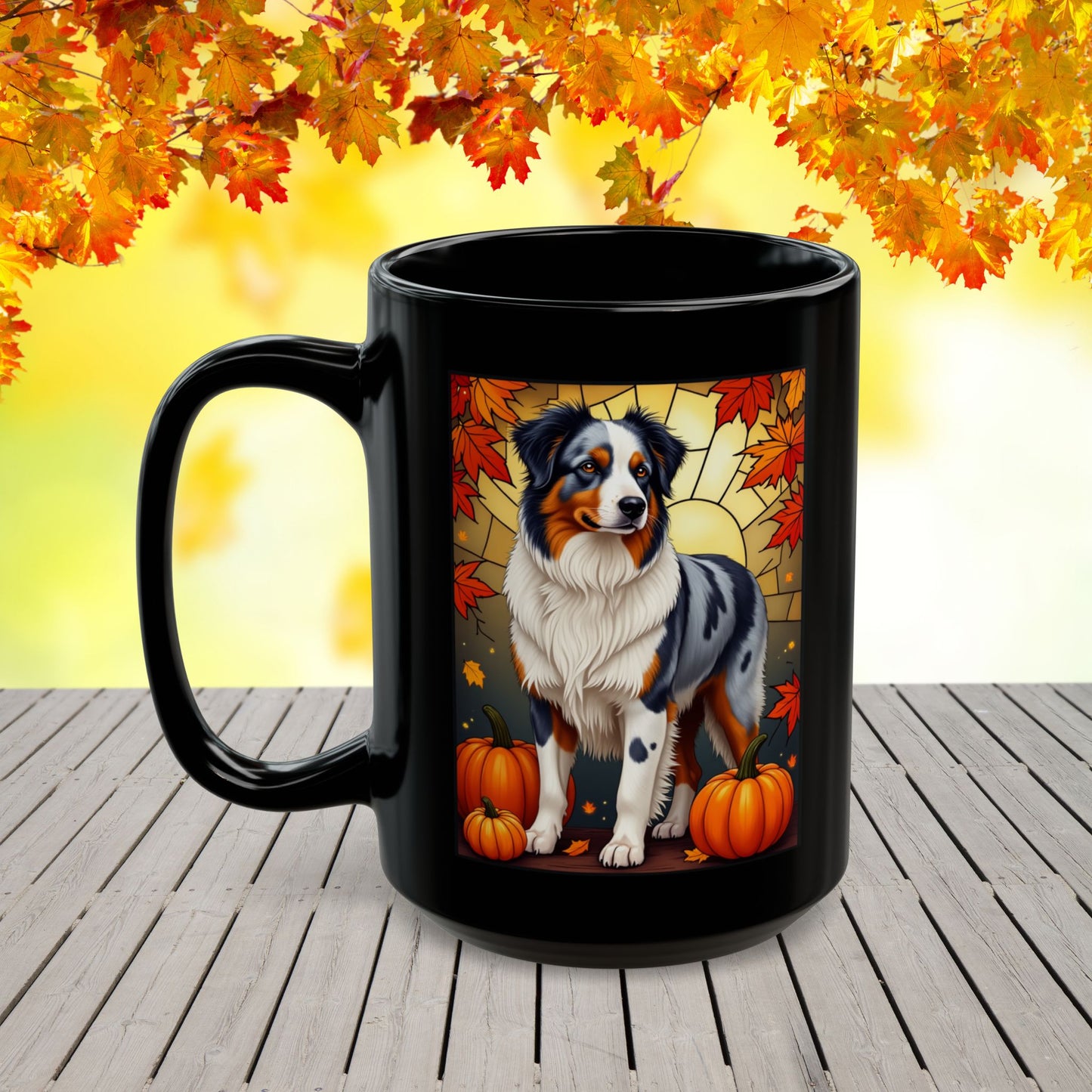 Australian Shepherd Blue Merle - Autumn black mug, personalized Aussie dog coffee cup for pet lovers