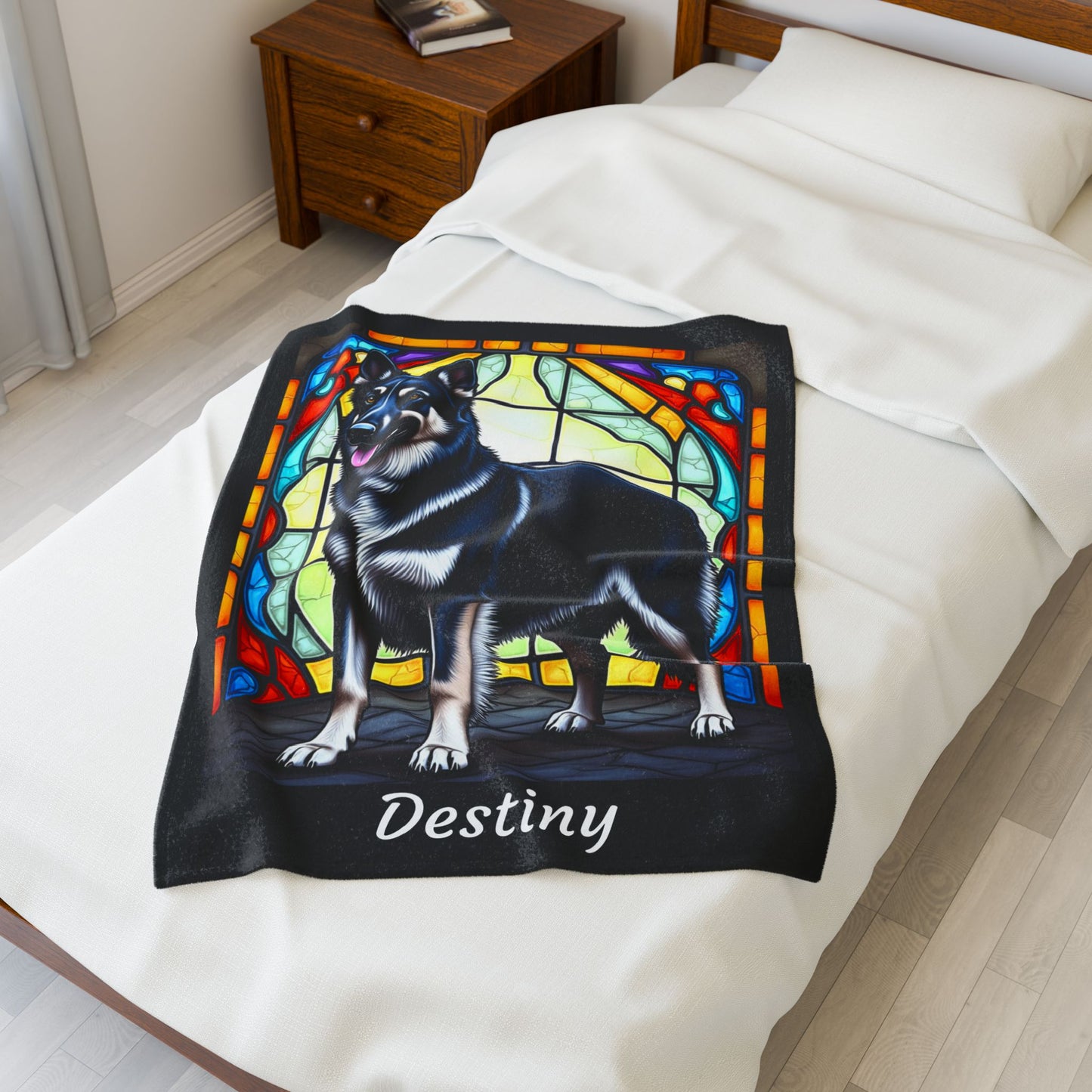 German Shepherd Black & Silver - Velveteen Plush Stained Glass Dog Blanket - Custom Dog Blanket, German Shepherd Gift