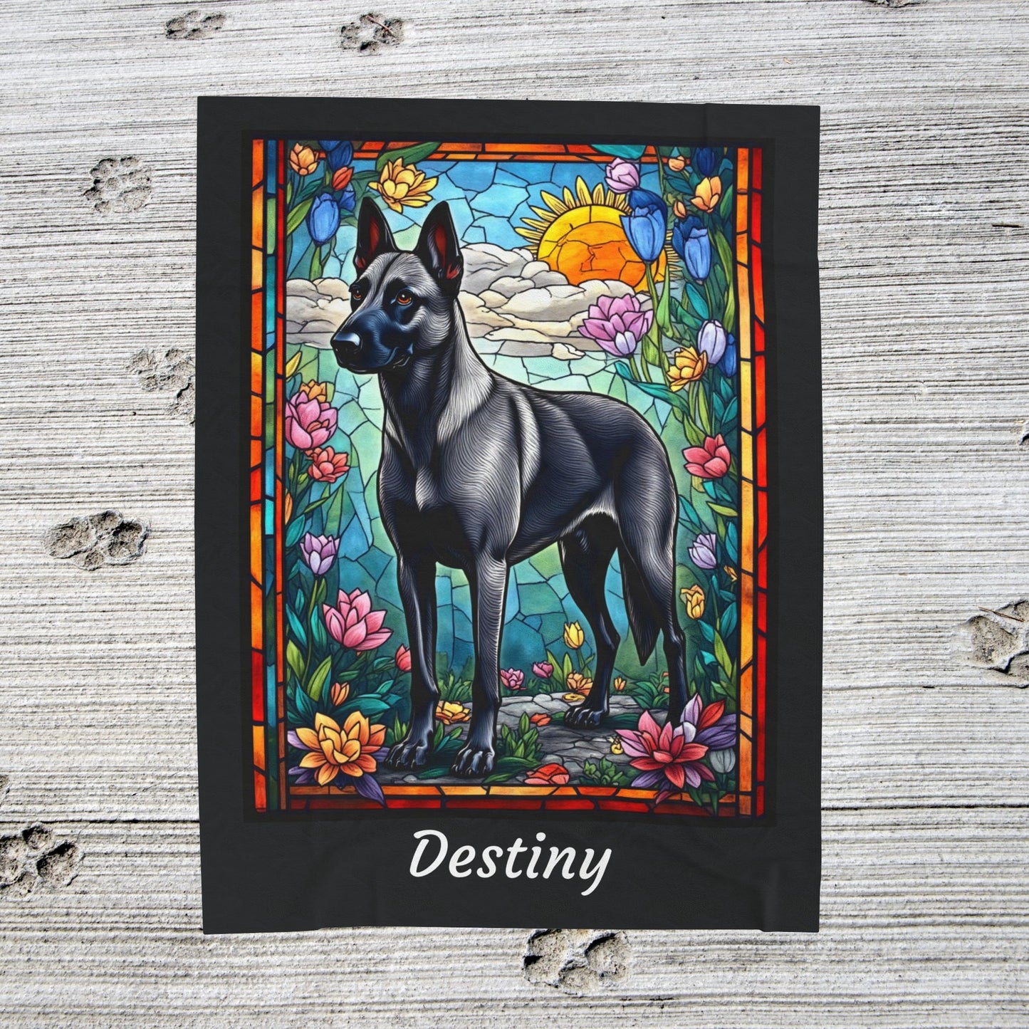 Belgian Malinois Gray - Velveteen Plush Stained Glass Dog Blanket - Custom Malinois Pet Blanket, Dog Lover Throw