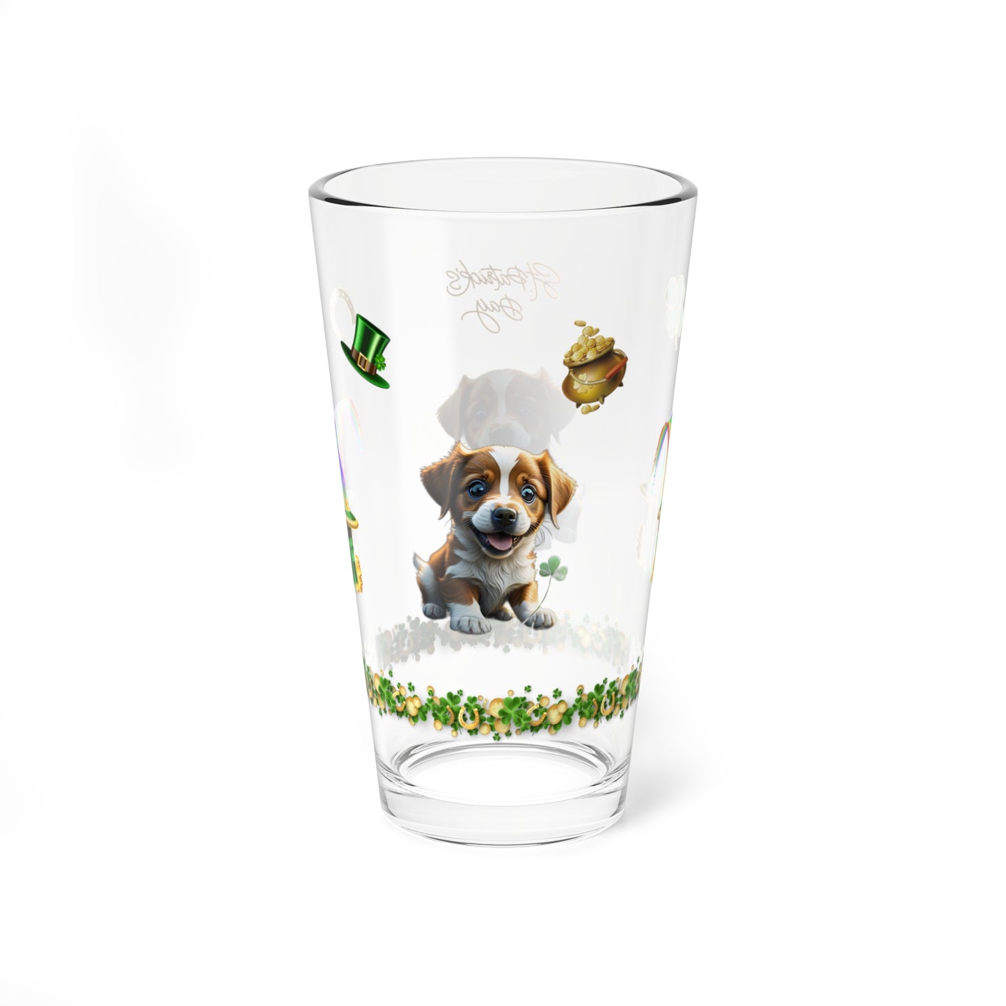 Lucky Leprechaun Pup: Mindful St. Patrick's Day 16oz Pint Glasses - Festive Design for Positivity & Wellness