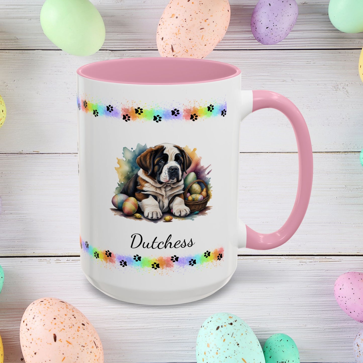 Saint Bernard Easter puppy coffee mug personalized for dog lovers, promoting comfort, calm, and joyful Easter mornings.