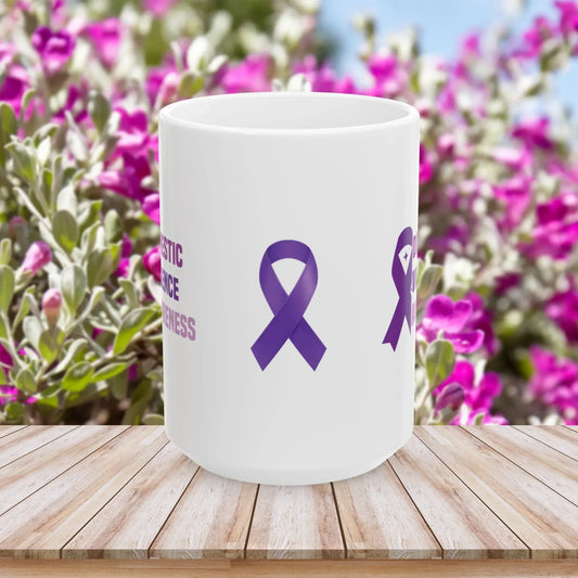 Shop our domestic violence awareness ceramic mug 11oz 15oz featuring the 15oz style option from MySisterIsASurvivor.