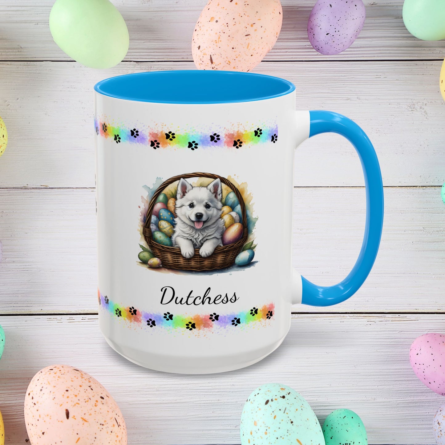 American Eskimo personalized Easter puppy mug, cute dog coffee cup, mental health awareness gift for dog lovers