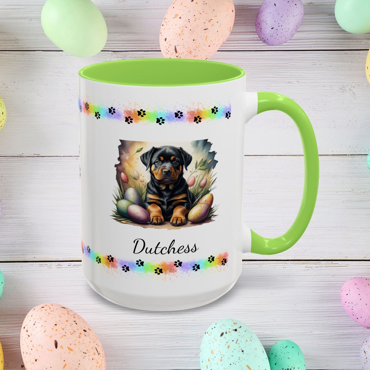 Rottweiler Easter puppy coffee mug personalized dog design, thoughtful gift for self-care and mental health awareness.
