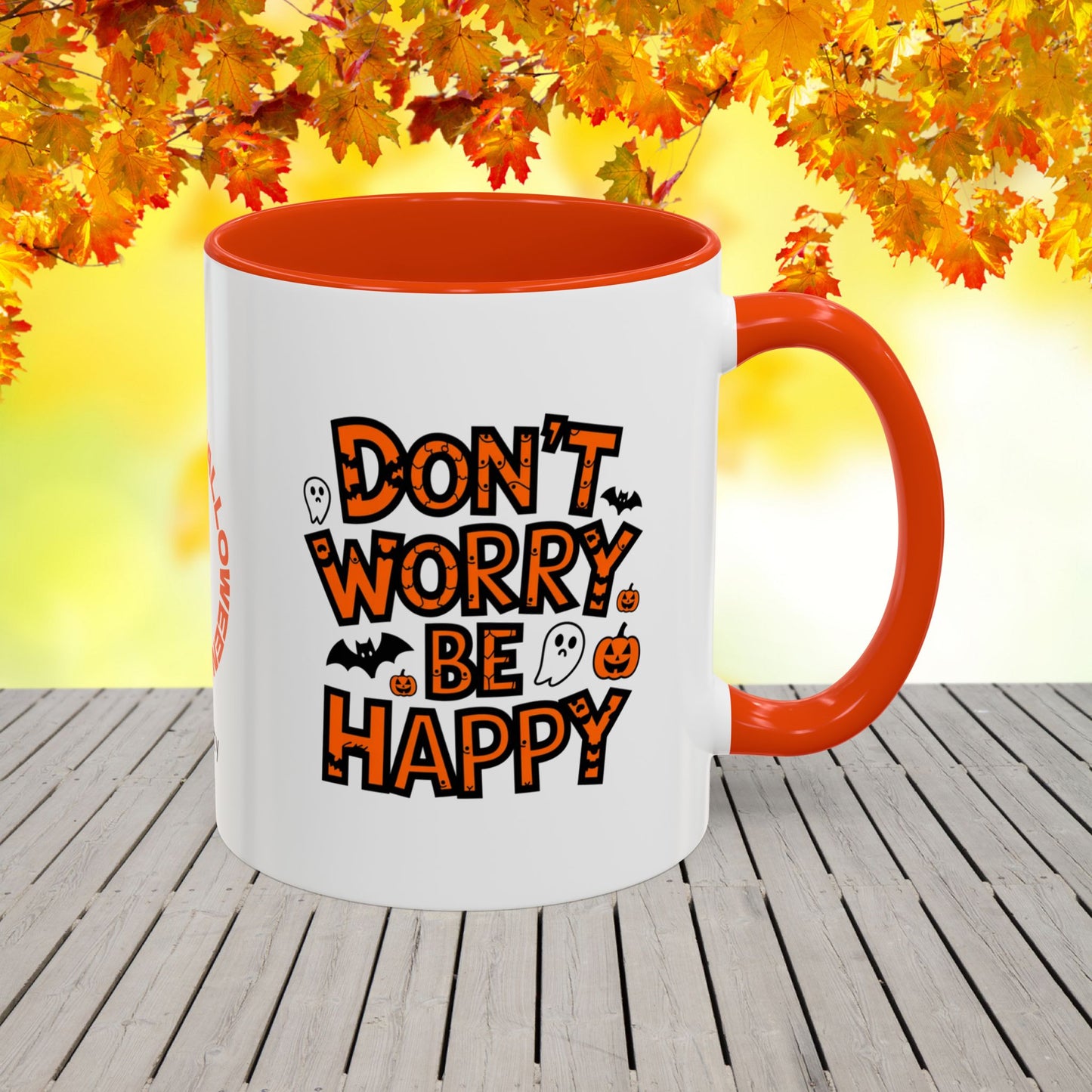 Don't Worry, Be Happy Halloween Mug -custom name coffee cup with cheerful uplifting quote
