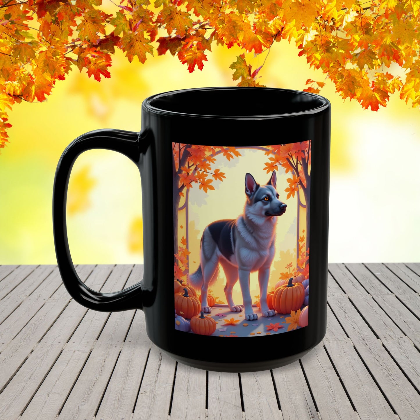 Black & Silver German Shepherd Autumn Personalized Mug - Custom Dog Owner Gift for Cozy Fall Days