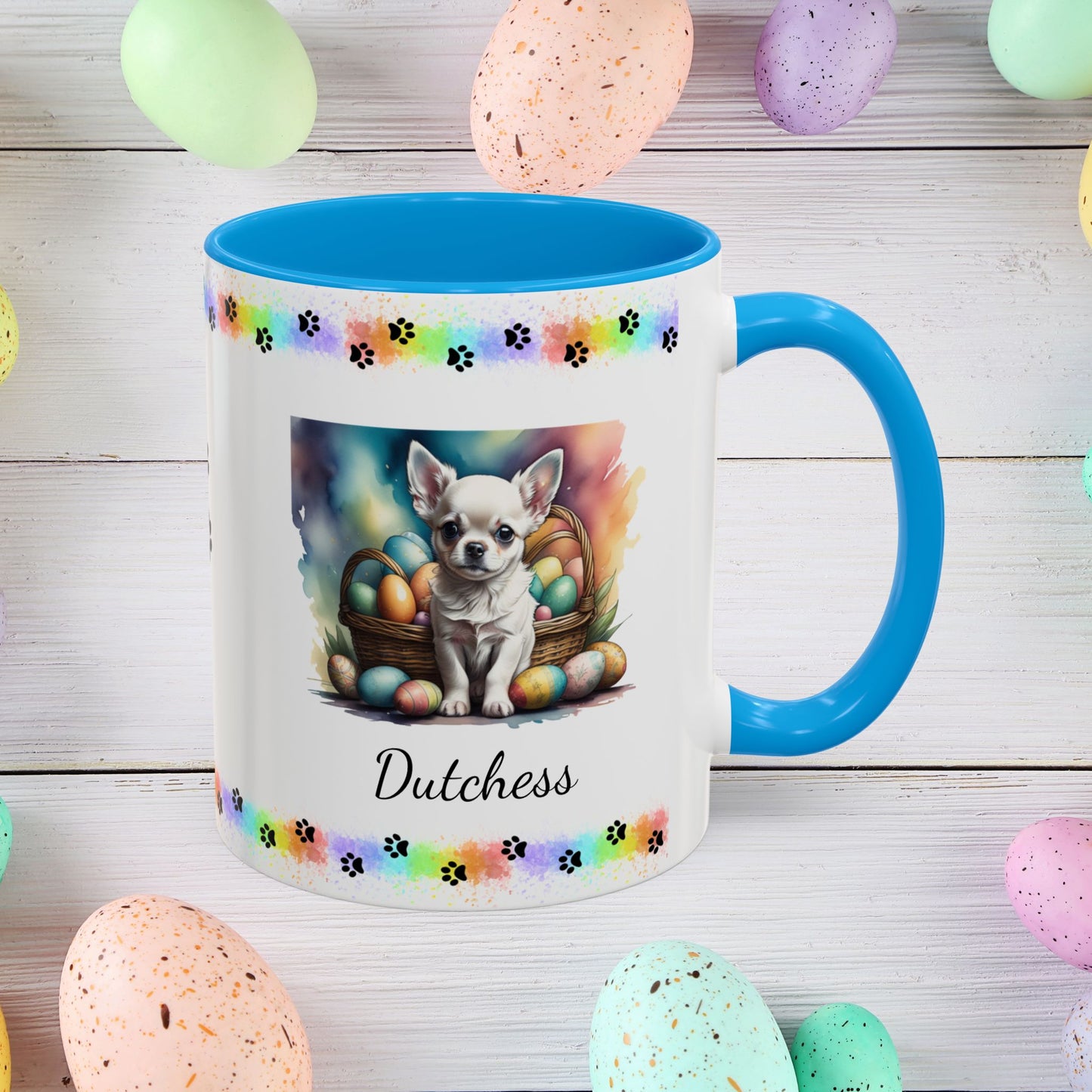 Chihuahua White personalized Easter puppy mug, cute dog coffee cup, mental health awareness gift for dog lovers