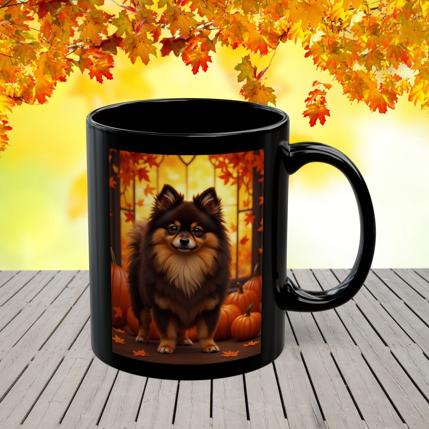 Chocolate & Tan Pomeranian fall coffee mug, personalized autumn gift for dog moms and dads