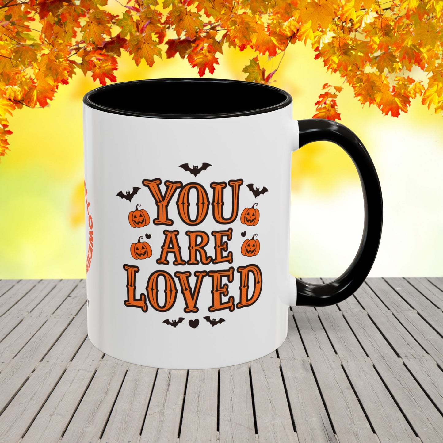 Personalized Halloween mug with “You Are Loved” quote, comforting mental wellness gift with name.