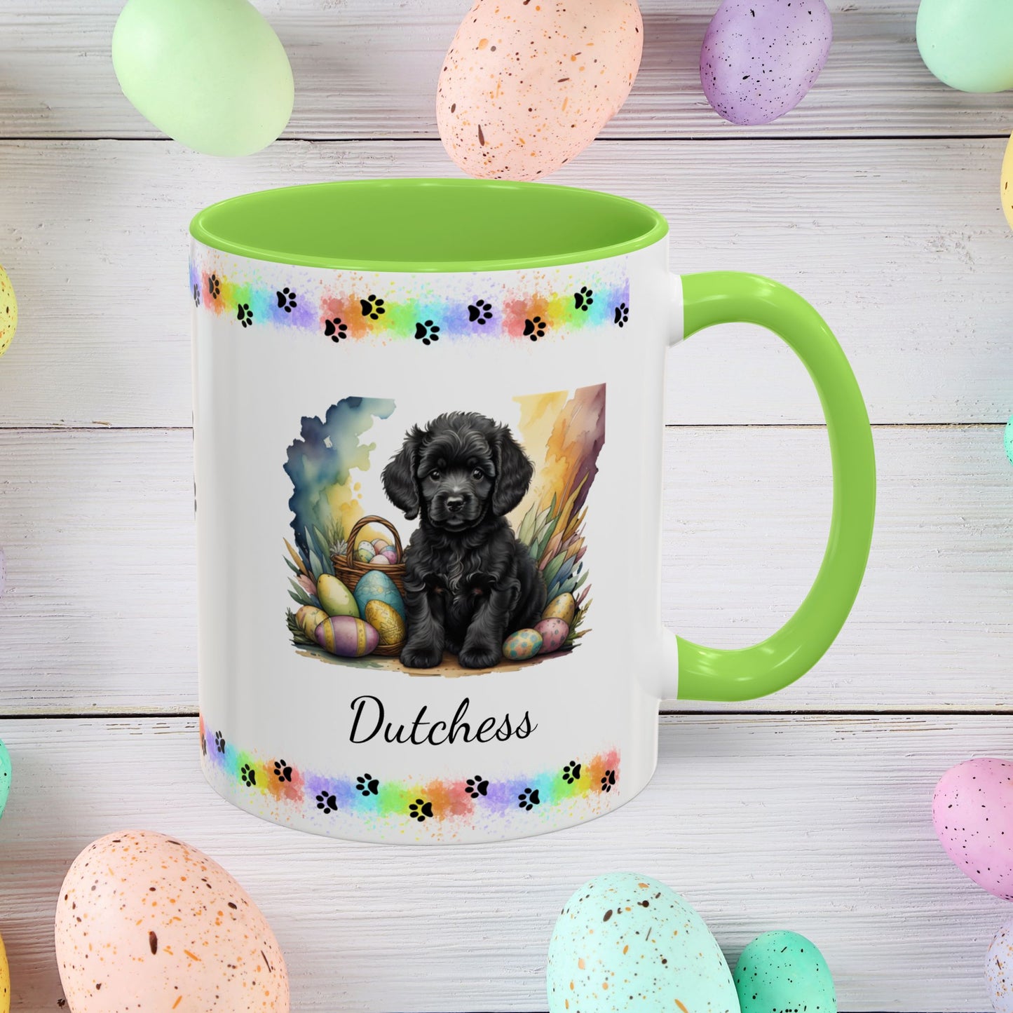 Adorable black Poodle Easter puppy coffee mug personalized dog gift, perfect for mental health awareness and spring joy.