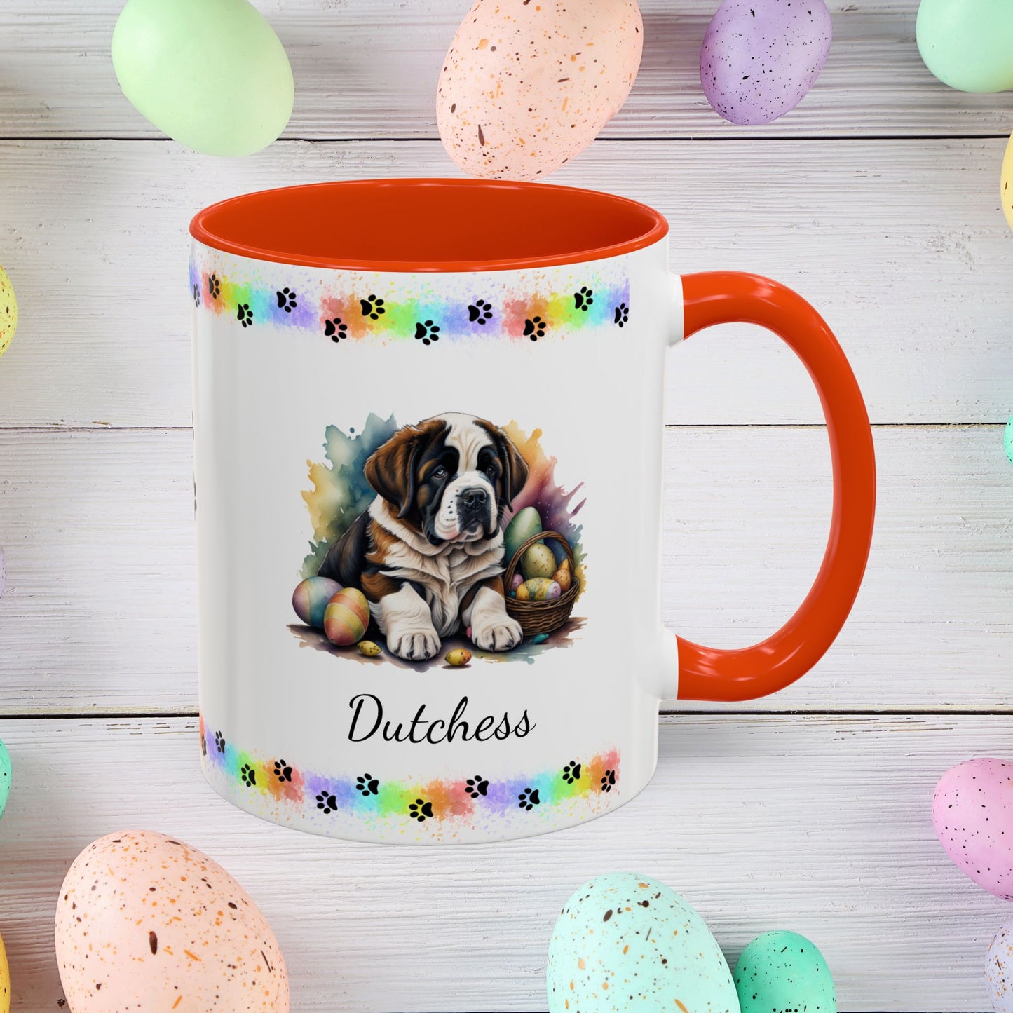 Saint Bernard: Personalized Easter Puppy Coffee Mug - Adorable Dog Design, Mental Health Gift, 11oz & 15oz, 12 Color Choices, Easter Gifts & Décor
