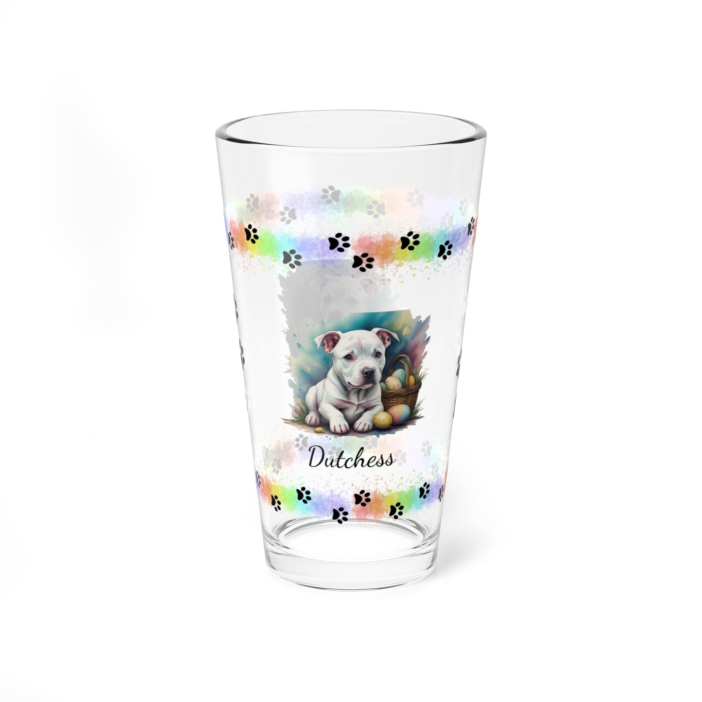 Pitbull (White) Personalized Easter Puppy 16oz Pint Glass - Custom Dog Design, Mental Health Gift, Easter Décor, and Festive Celebrations