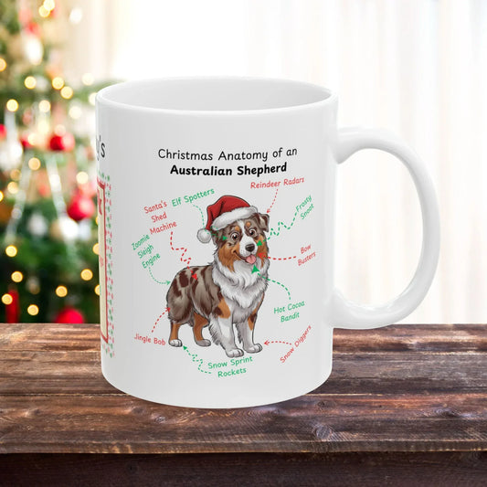 Shop our red merle australian shepherd christmas anatomy mug featuring the 15oz style option from MySisterIsASurvivor.