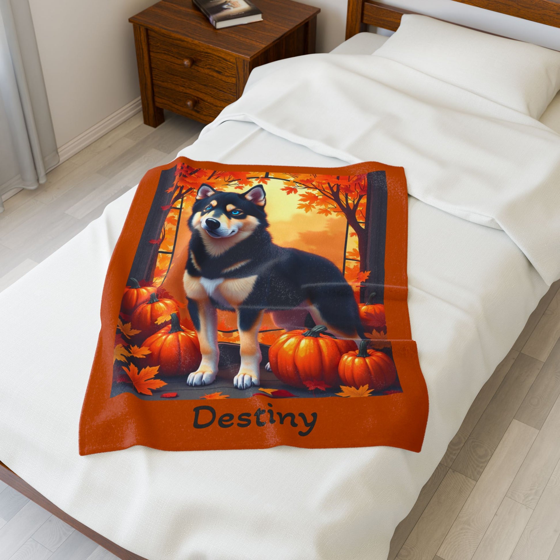 Siberian Husky Black & Tan Coat (Blue Eyes) Velveteen Blanket, Personalized Plush Dog Throw
