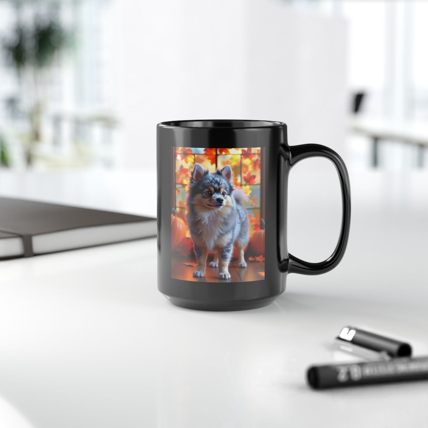 Blue Merle & Tan Pomeranian fall coffee mug, personalized gift for dog lovers and cozy autumn days