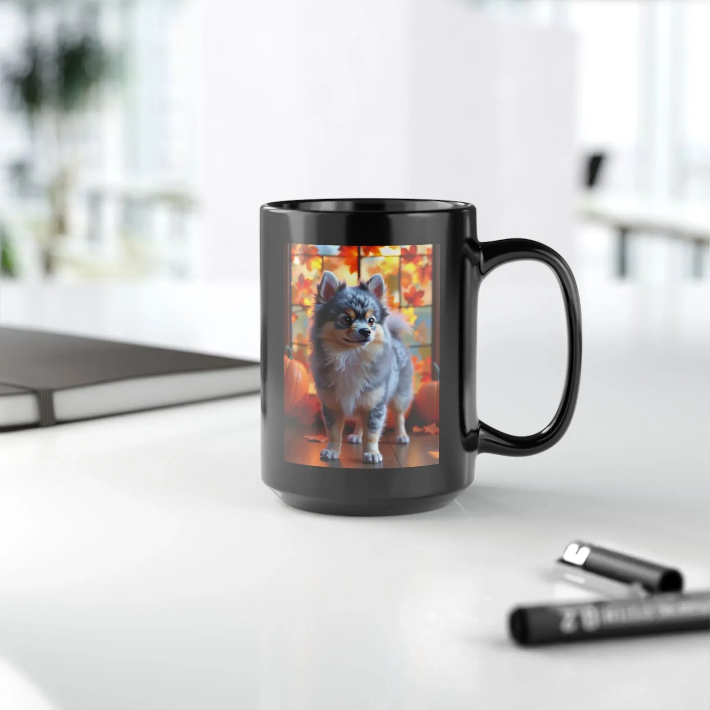Shop our premium blue merle tan pomeranian autumn black mug from MySisterIsASurvivor.