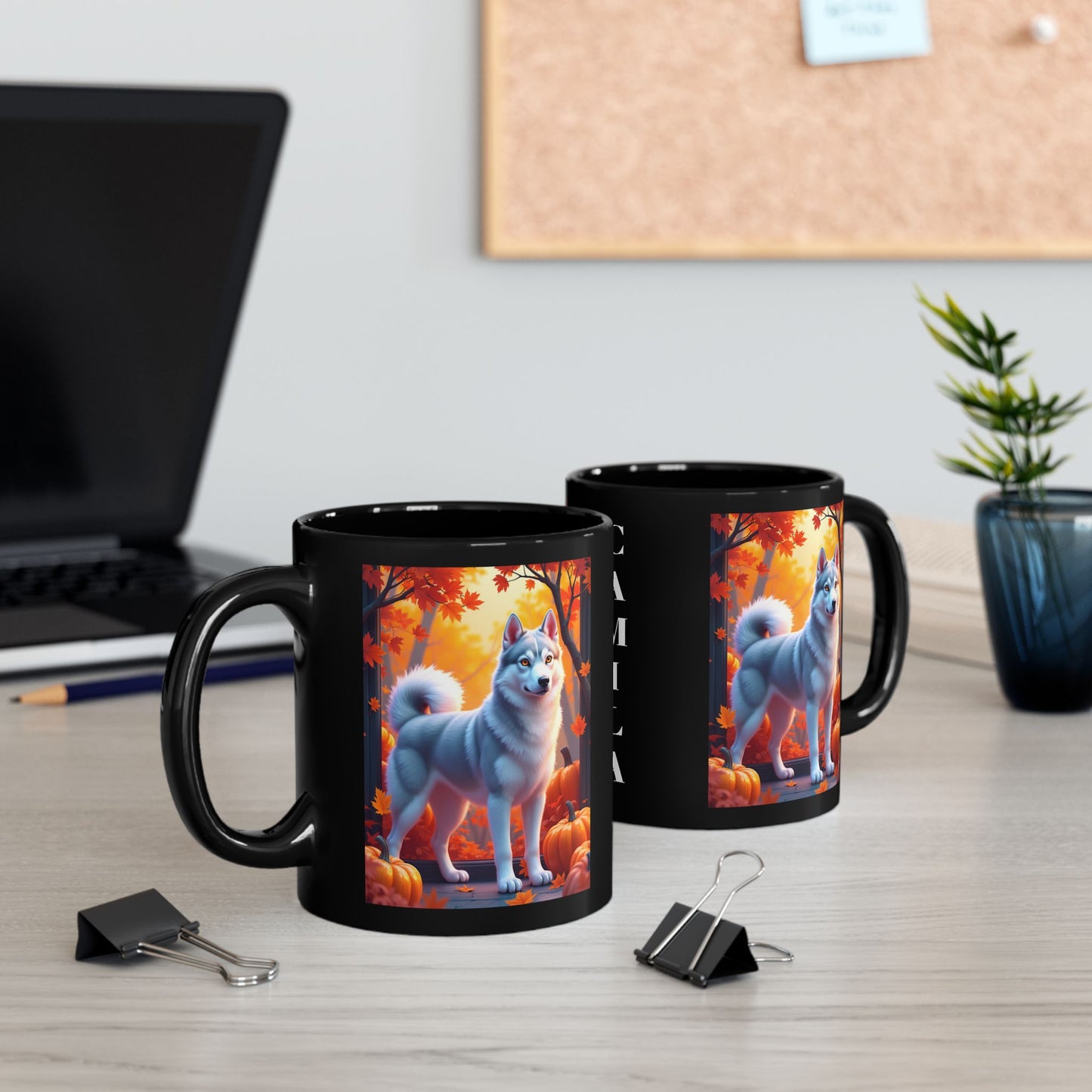 Silver Siberian Husky (Amber Eyes) autumn coffee mug, personalized gift for Husky lovers and dog parents