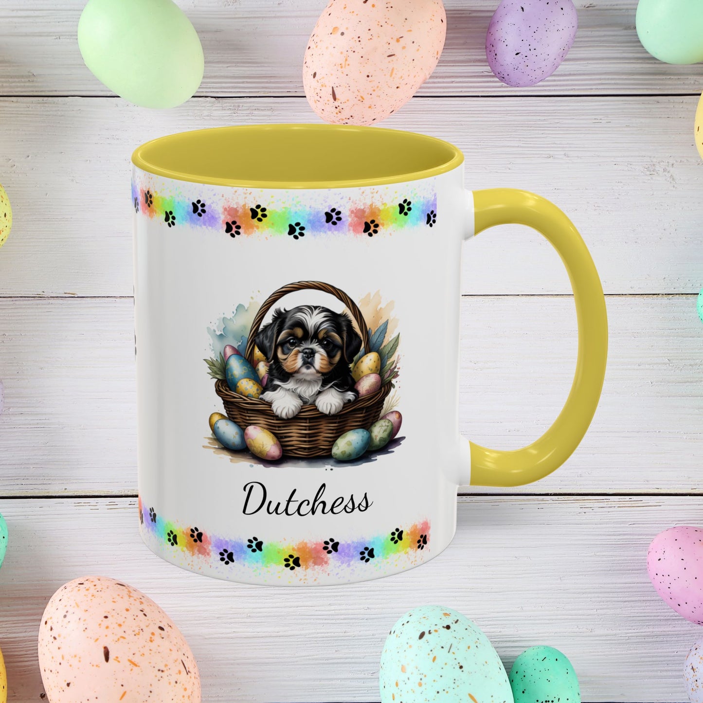 Tricolor Shih Tzu Easter puppy coffee mug personalized dog design, perfect for pet lovers and mental health awareness.