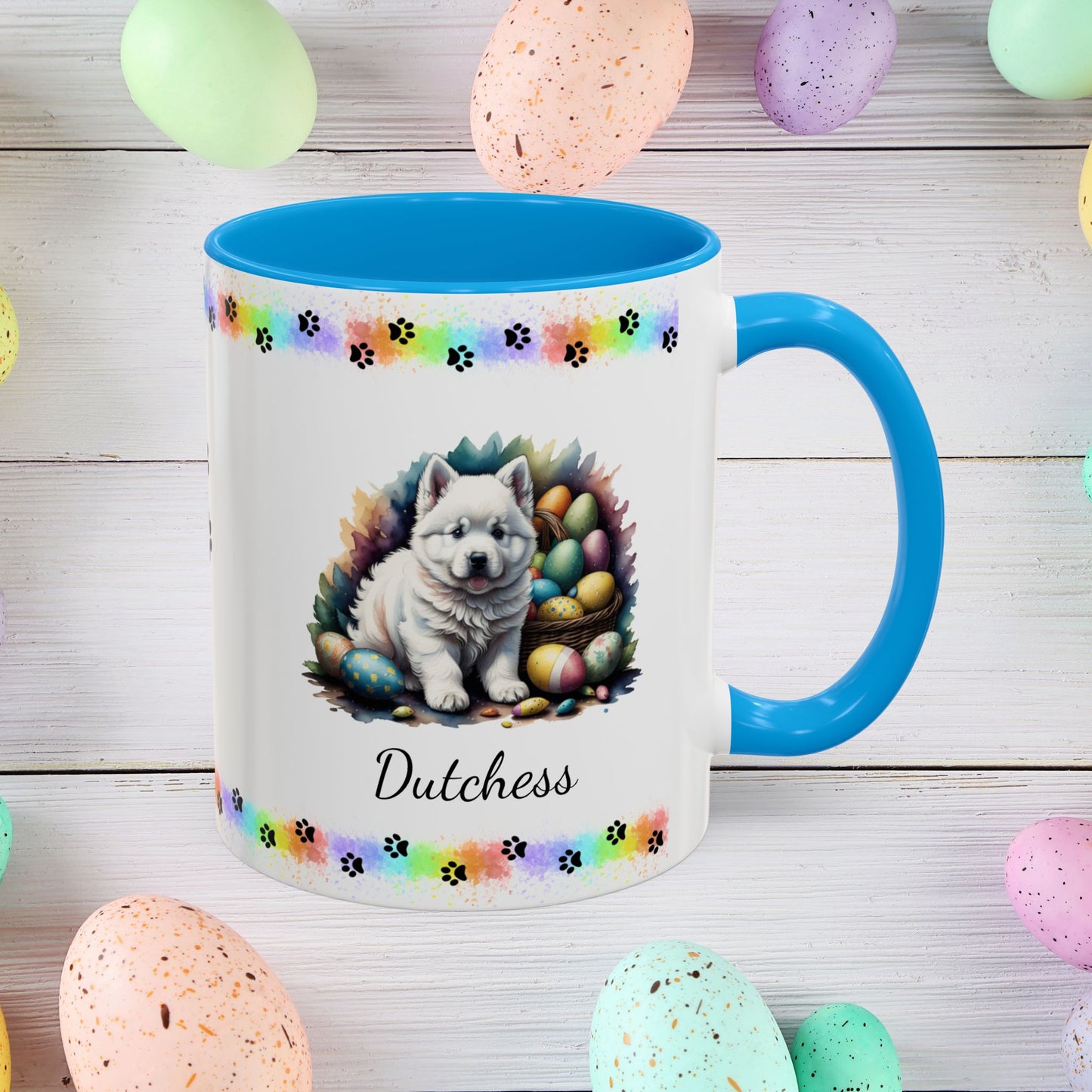 Samoyed Easter puppy coffee mug personalized dog design, cozy mental health gift for spring and daily mindfulness.