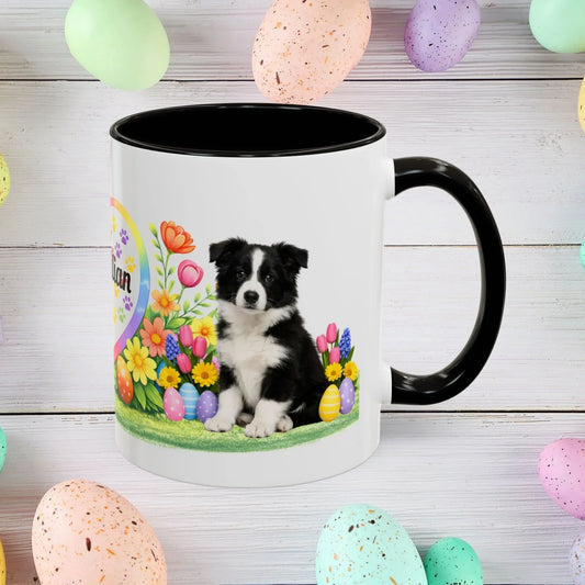 Shop our border collie black white puppy easter mug featuring the 11oz style option from MySisterIsASurvivor.