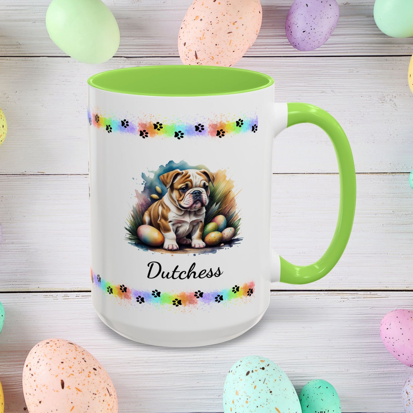 Bulldog Easter puppy coffee mug, personalized cute dog gift for mental health support and cozy mornings