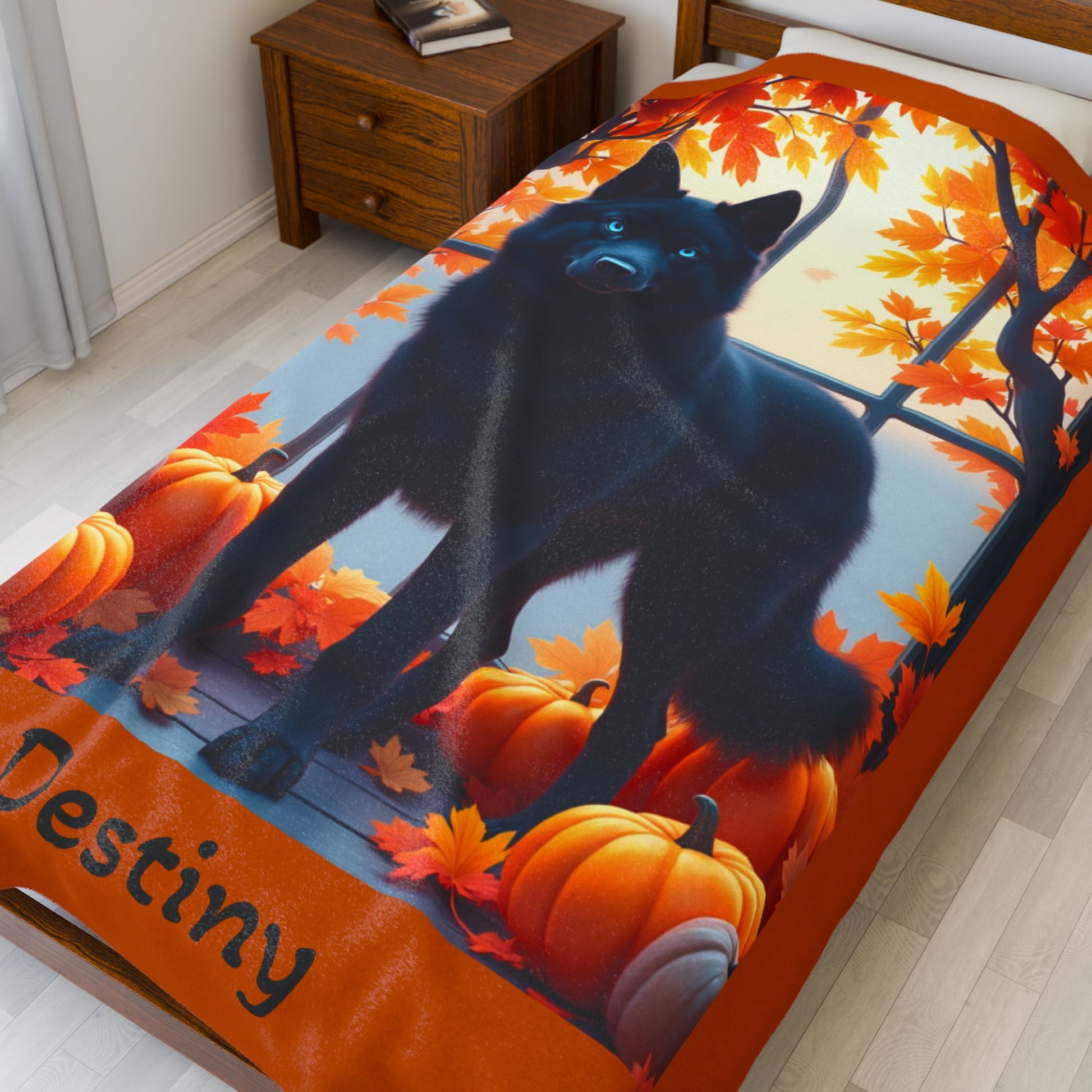 Siberian Husky Black Coat (Blue Eyes) Velveteen Blanket, Custom Dog Lover Plush Throw