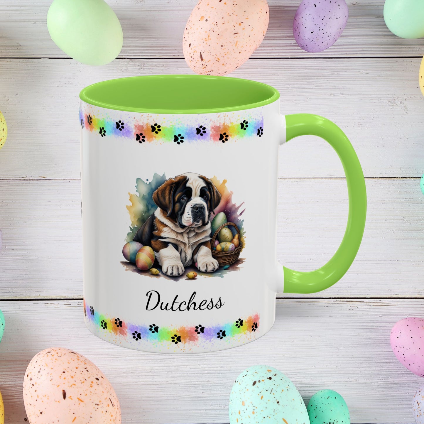 Saint Bernard: Personalized Easter Puppy Coffee Mug - Adorable Dog Design, Mental Health Gift, 11oz & 15oz, 12 Color Choices, Easter Gifts & Décor