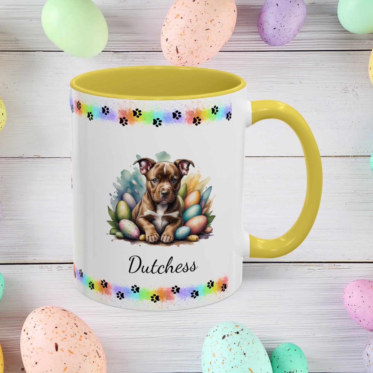 Pitbull (Brown): Personalized Easter Puppy Coffee Mug - Adorable Dog Design, Mental Health Gift, 11oz & 15oz, 12 Color Choices, Easter Gifts & Décor