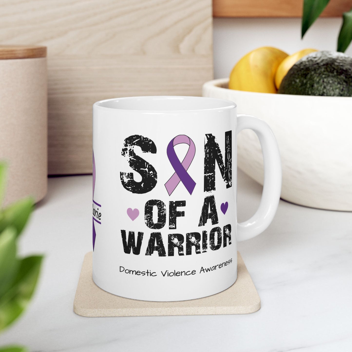 Son of a Warrior mug - custom DV awareness gift with courage and strength message