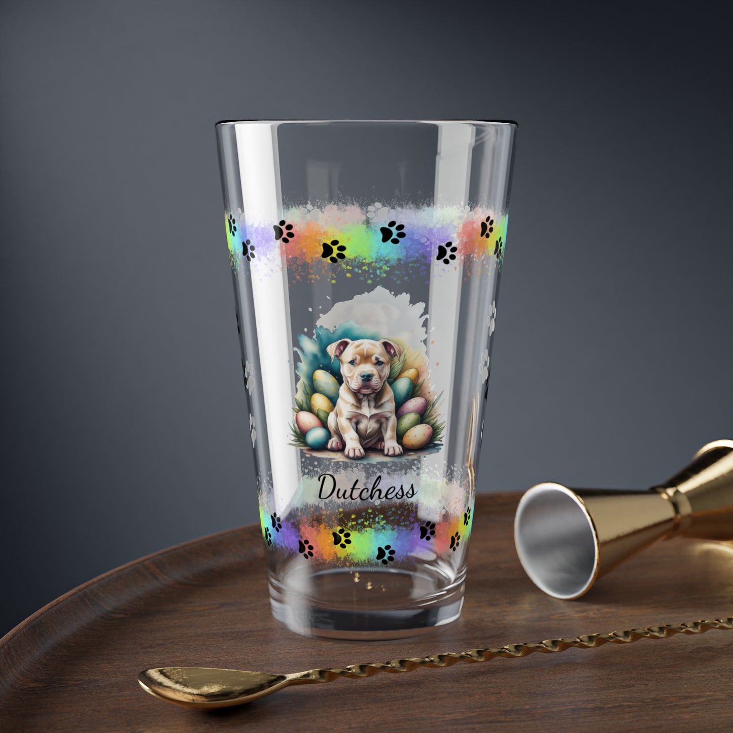 Pitbull (Tan) Personalized Easter Puppy 16oz Pint Glass - Custom Dog Design, Mental Health Gift, Easter Décor, and Festive Celebrations