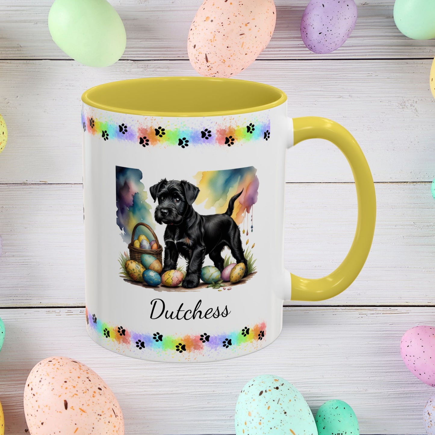 Black Schnauzer Easter puppy coffee mug personalized dog lover gift, promoting peace, positivity, and emotional wellness.