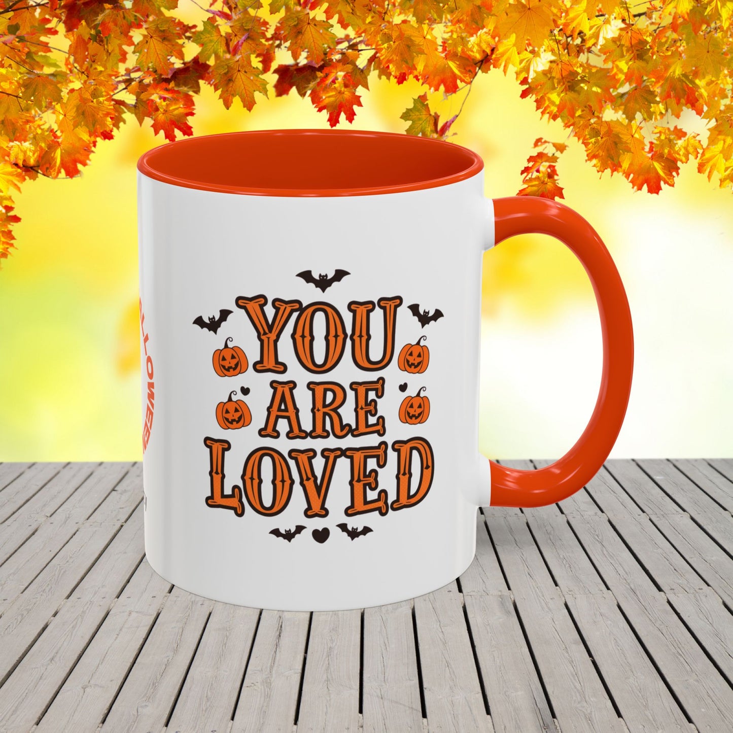 Personalized Halloween mug with “You Are Loved” quote, comforting mental wellness gift with name.