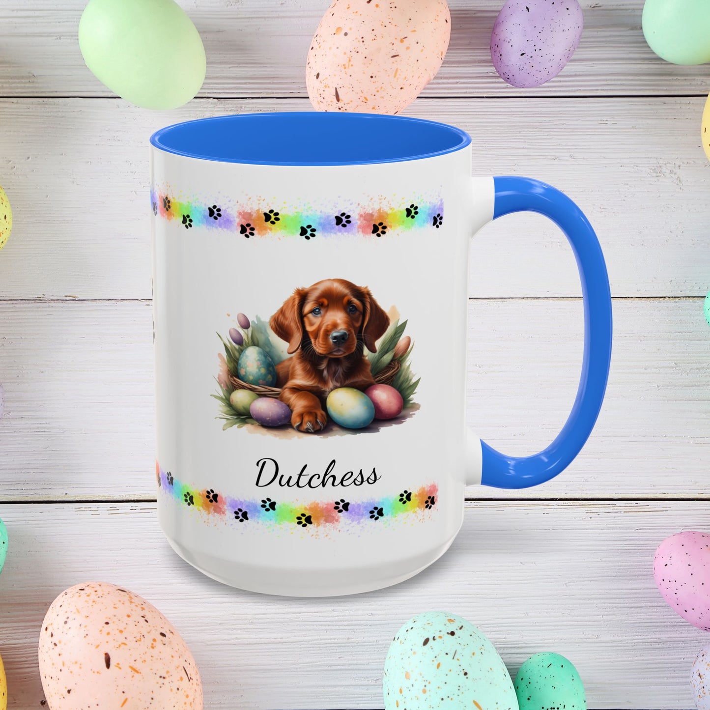 Irish Setter Easter puppy coffee mug, personalized cute dog gift for mental health support and cozy mornings