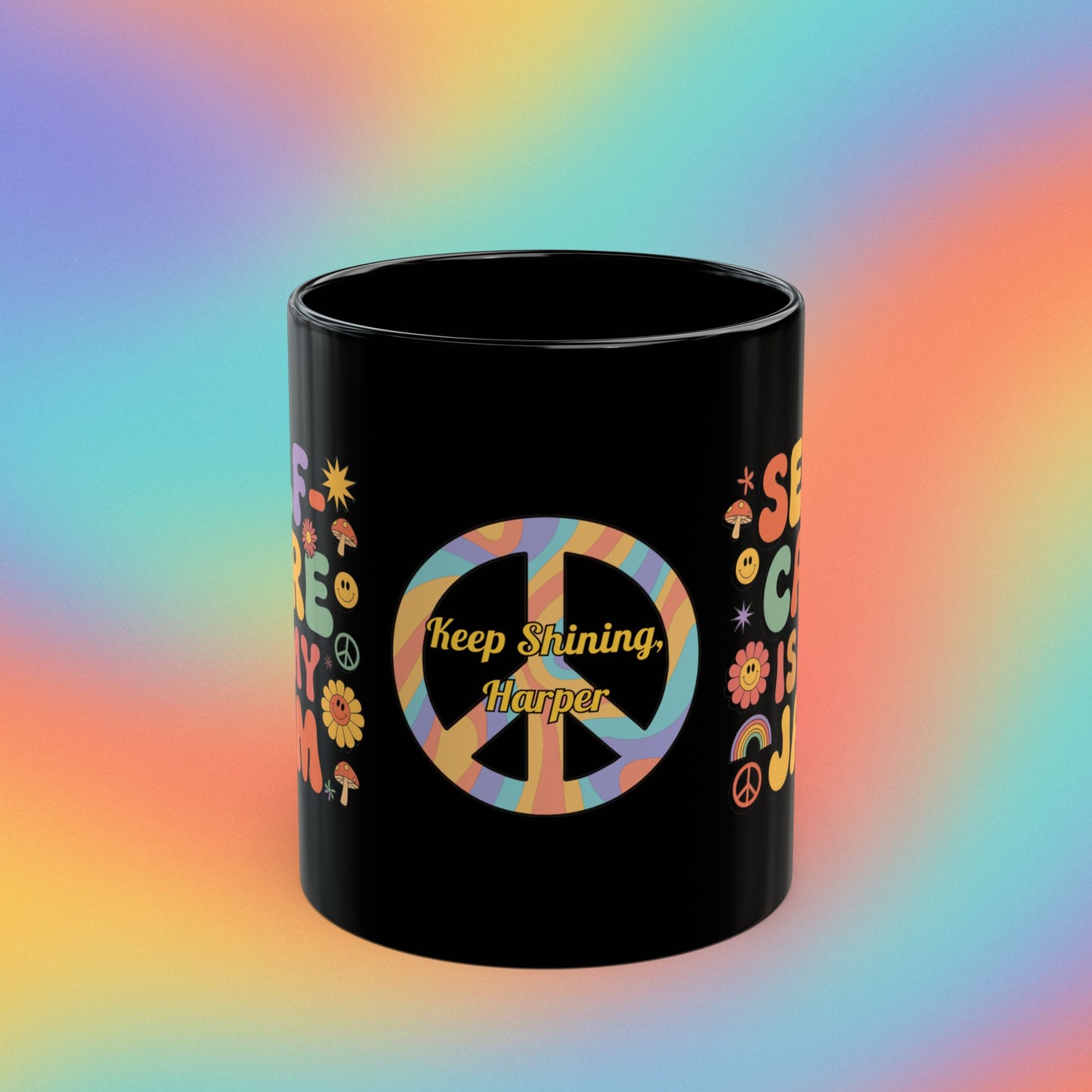 Self-Care Is My Jam retro mug, 70s mental health coffee cup with self-love affirmation - MySisterIsASurvivor