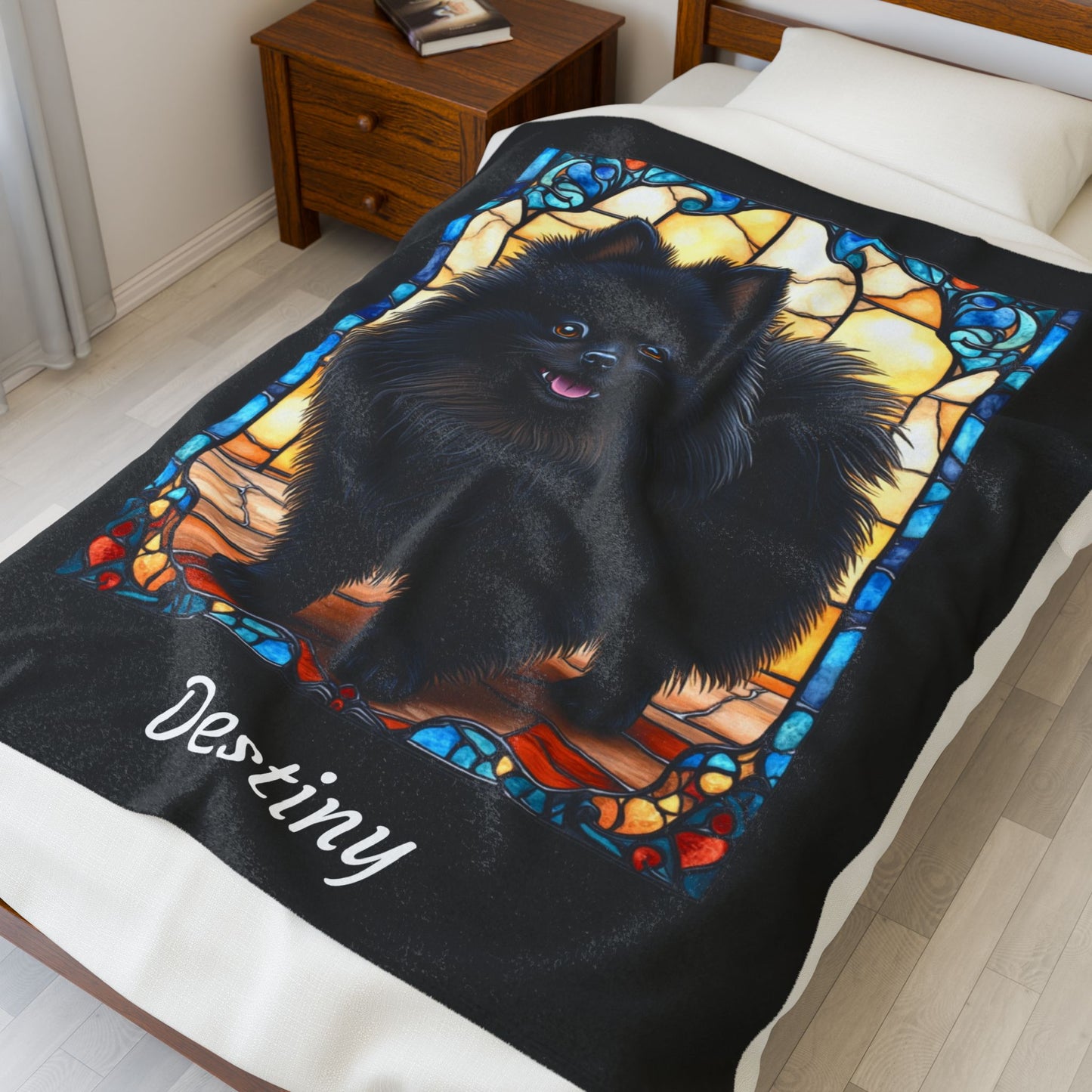 Pomeranian Black Coat Blanket, Velveteen Plush Stained Glass Dog Throw, Custom Gift for Humans