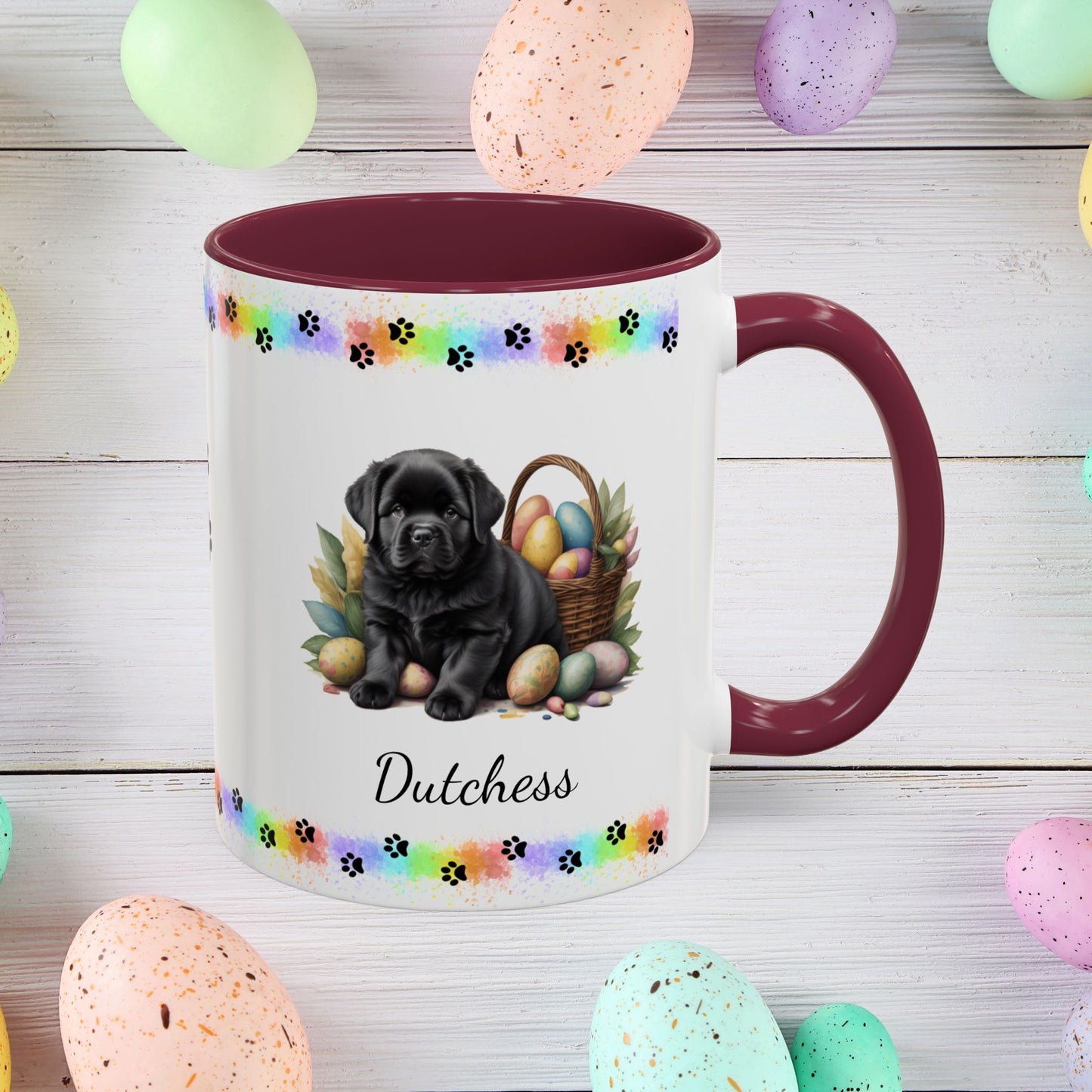 Newfoundland Black Easter puppy coffee mug, personalized cute dog gift for mental health awareness and cozy sipping