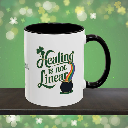 Shop our healing is not linear st patricks day ceramic mug featuring the 11oz style option from MySisterIsASurvivor.